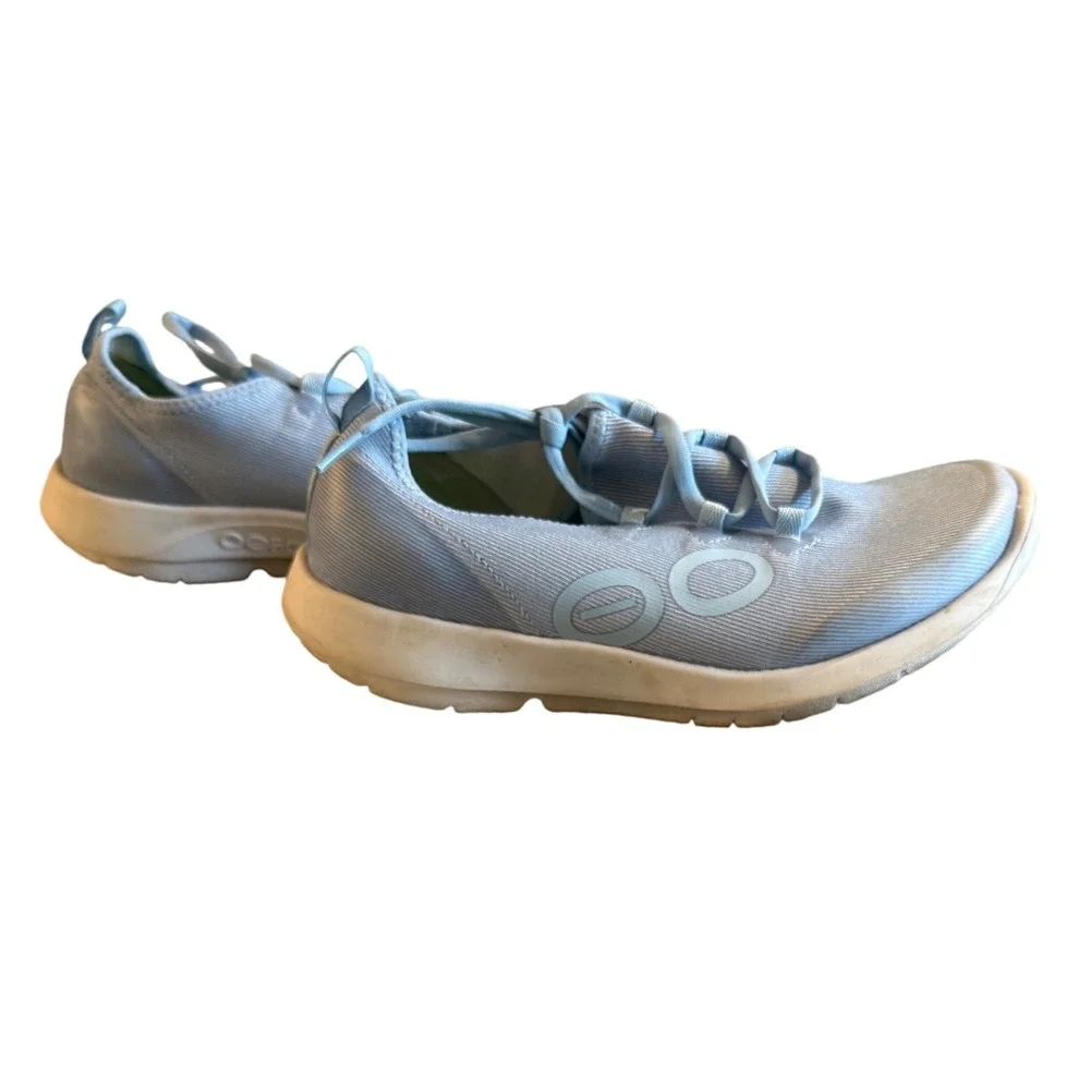 Oofos OOmg Low Women 9 Light Blue Recovery Walking Shoes Mesh Lace Up - Picture 2 of 10